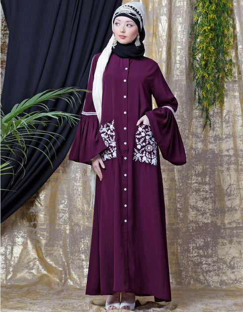 Dubai Embroidered Pocket Bell Sleeve casual Abaya Wine