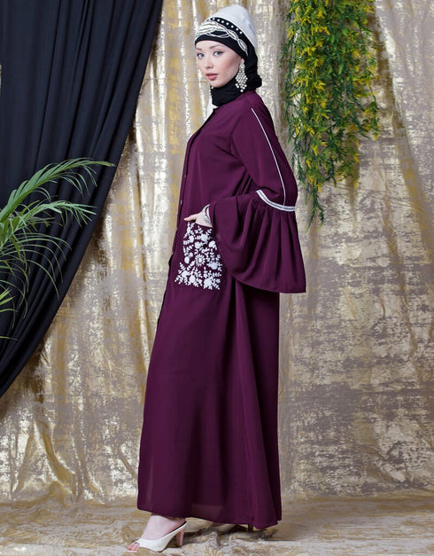 Dubai Embroidered Pocket Bell Sleeve casual Abaya Wine