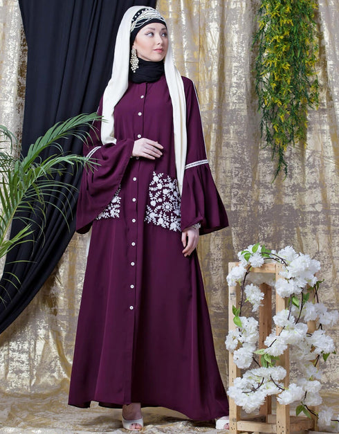 Dubai Embroidered Pocket Bell Sleeve casual Abaya Wine