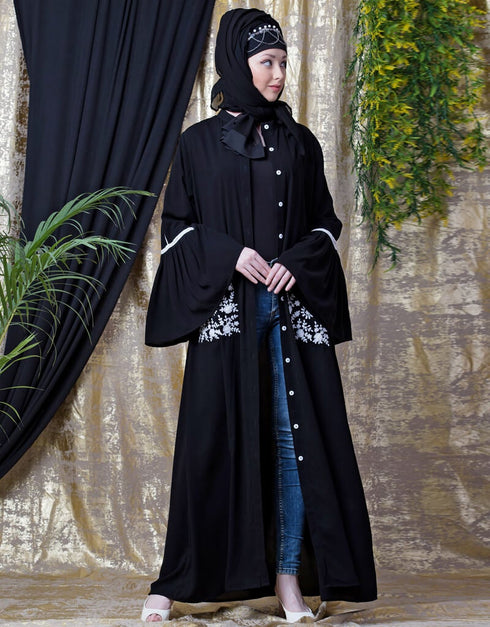 Muslim Embroidered Pocket Bell Sleeve casual Abaya Black