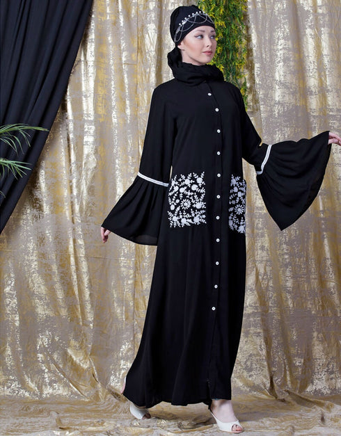Muslim Embroidered Pocket Bell Sleeve casual Abaya Black