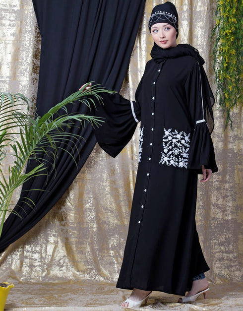 Muslim Embroidered Pocket Bell Sleeve casual Abaya Black
