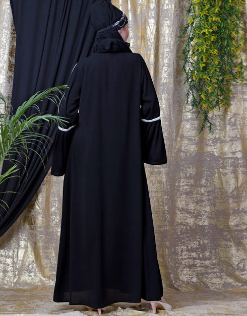 Muslim Embroidered Pocket Bell Sleeve casual Abaya Black