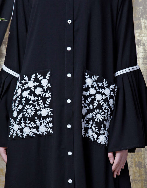 Muslim Embroidered Pocket Bell Sleeve casual Abaya Black