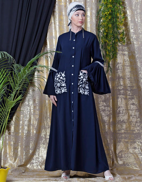 Modest Embroidered Pocket Bell Sleeve casual Abaya Navy Blue