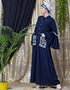 Modest Embroidered Pocket Bell Sleeve casual Abaya Navy Blue