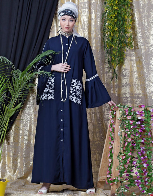 Modest Embroidered Pocket Bell Sleeve casual Abaya Navy Blue