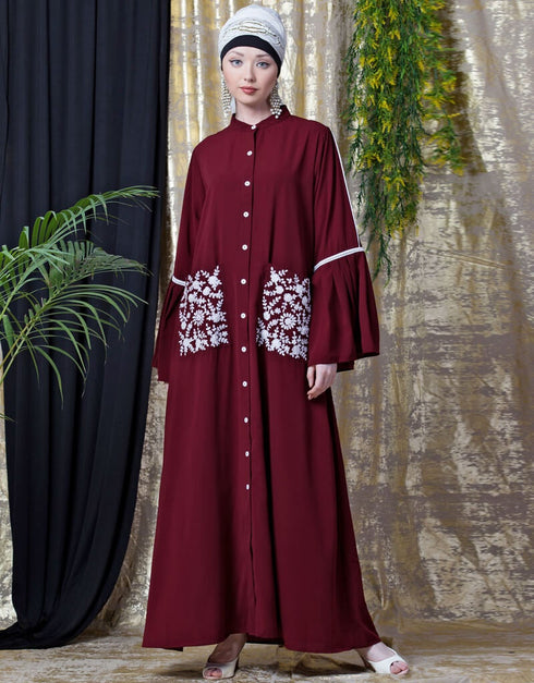 Islamic Embroidered Pocket Bell Sleeve casual Abaya Maroon