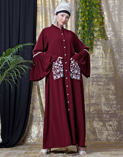 Islamic Embroidered Pocket Bell Sleeve casual Abaya Maroon
