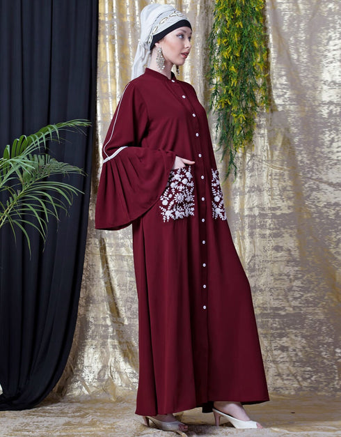 Islamic Embroidered Pocket Bell Sleeve casual Abaya Maroon