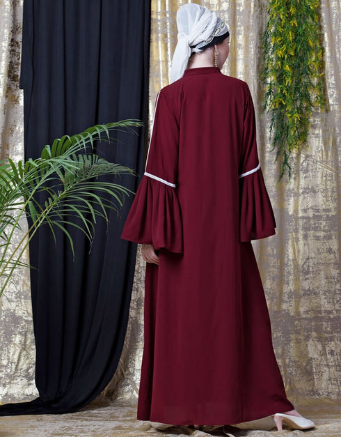 Islamic Embroidered Pocket Bell Sleeve casual Abaya Maroon