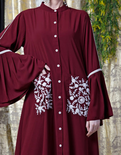 Islamic Embroidered Pocket Bell Sleeve casual Abaya Maroon