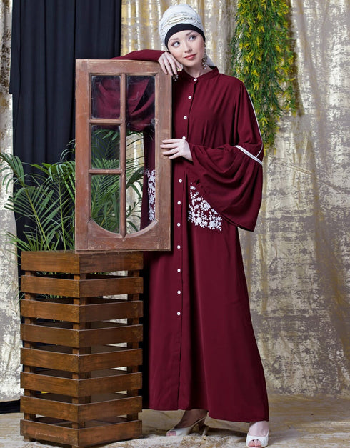 Islamic Embroidered Pocket Bell Sleeve casual Abaya Maroon