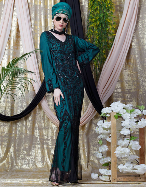 Chic Full Hand embellished Party Abaya Green