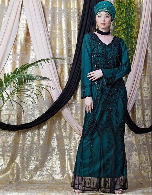 Chic Full Hand embellished Party Abaya Green