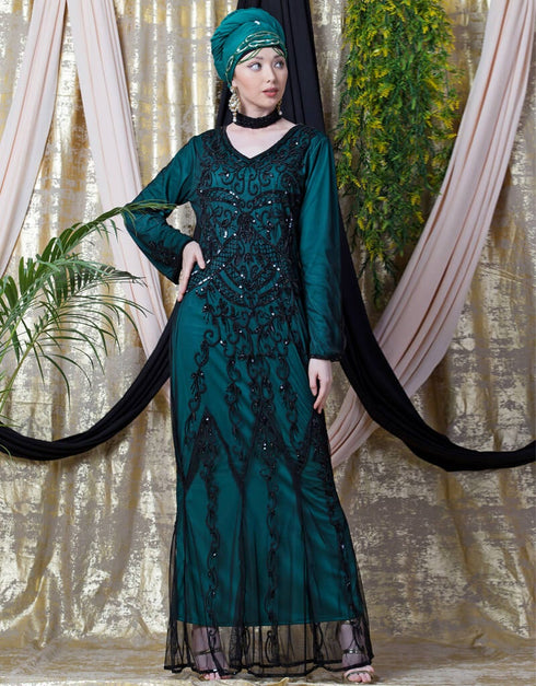 Chic Full Hand embellished Party Abaya Green