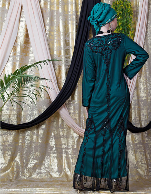 Chic Full Hand embellished Party Abaya Green