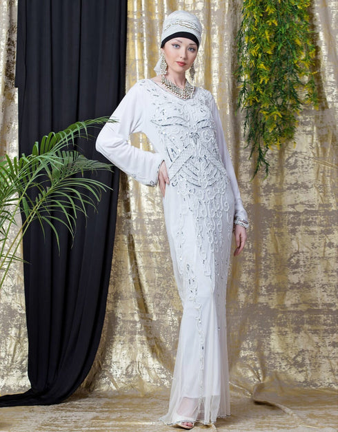Trendy Full Hand Embroidered White Wedding Abaya White