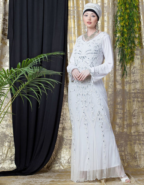 Trendy Full Hand Embroidered White Wedding Abaya White