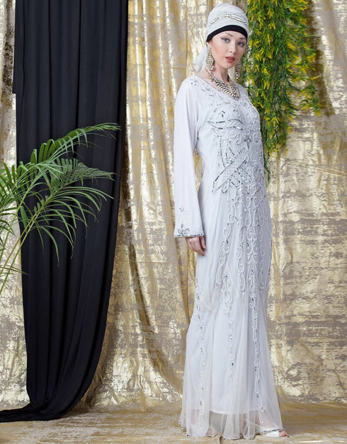 Trendy Full Hand Embroidered White Wedding Abaya White