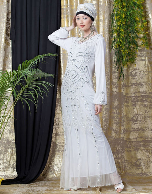 Trendy Full Hand Embroidered White Wedding Abaya White