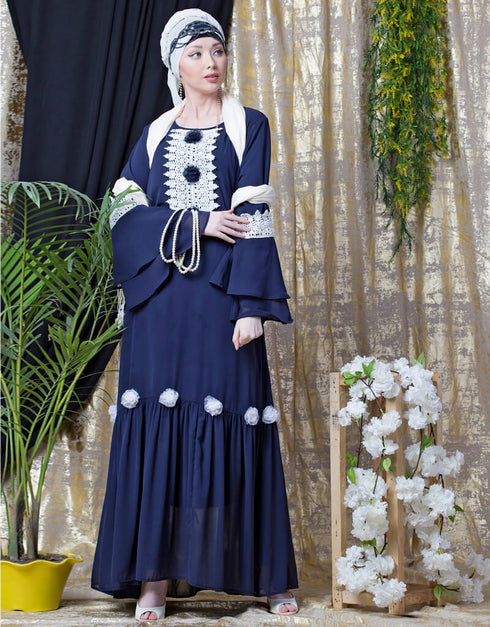 Modern Bell Sleeve flowers around knee party Abaya Navy Blue