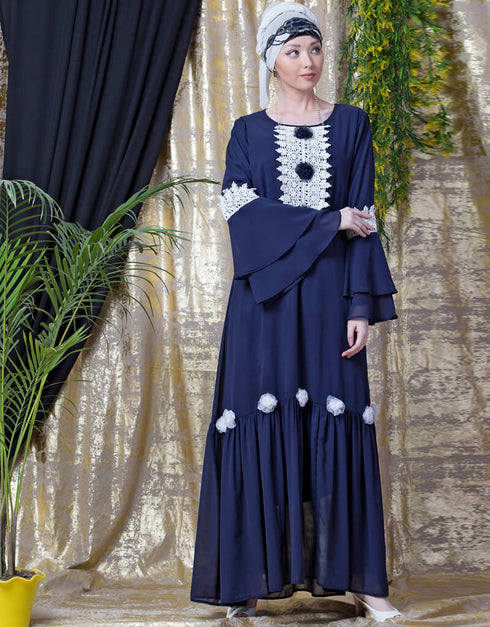 Modern Bell Sleeve flowers around knee party Abaya Navy Blue