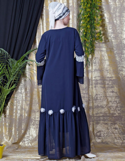 Modern Bell Sleeve flowers around knee party Abaya Navy Blue