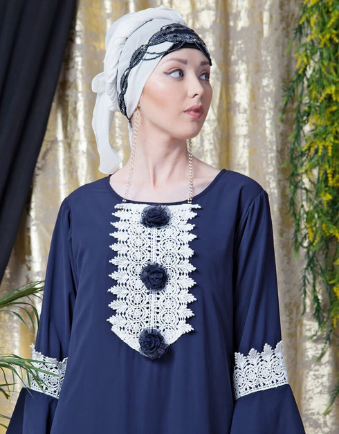 Modern Bell Sleeve flowers around knee party Abaya Navy Blue