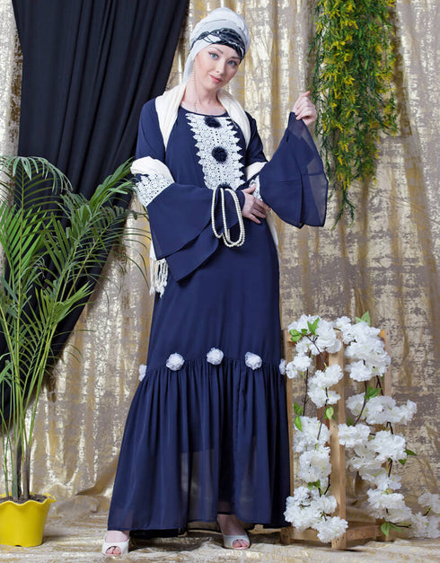 Modern Bell Sleeve flowers around knee party Abaya Navy Blue