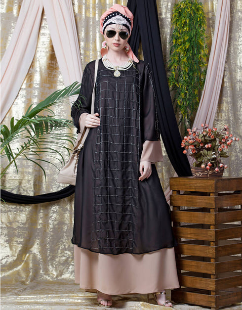 Muslim double layer hand embroidered Party abaya Cream