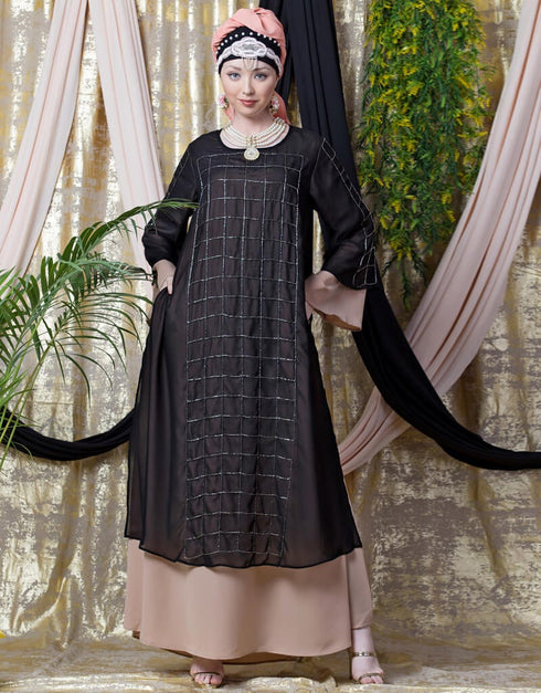 Muslim double layer hand embroidered Party abaya Cream