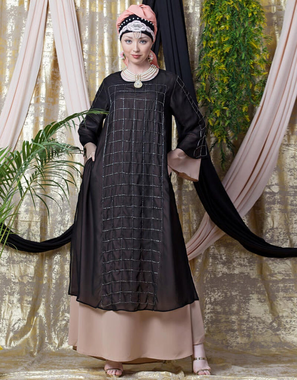 Muslim double layer hand embroidered Party abaya Cream