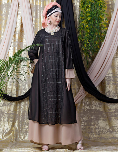 Muslim double layer hand embroidered Party abaya Cream