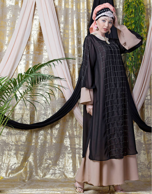 Muslim double layer hand embroidered Party abaya Cream