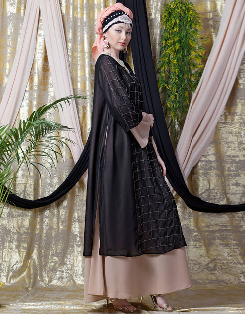 Muslim double layer hand embroidered Party abaya Cream