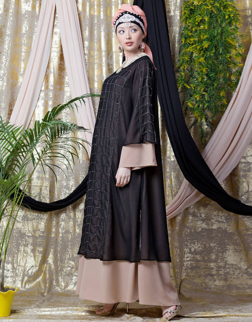 Muslim double layer hand embroidered Party abaya Cream