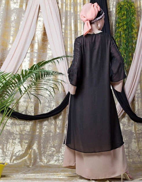 Muslim double layer hand embroidered Party abaya Cream