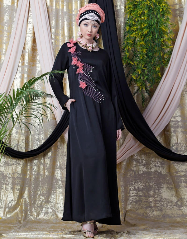 Modest applique flowers Hand work Party Nida Abaya Black