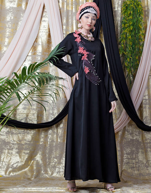 Modest applique flowers Hand work Party Nida Abaya Black