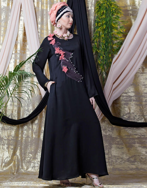 Modest applique flowers Hand work Party Nida Abaya Black