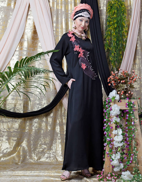 Modest applique flowers Hand work Party Nida Abaya Black