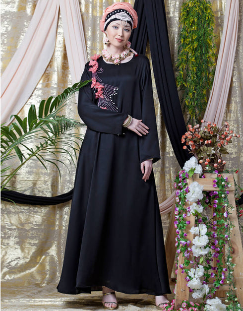 Modest applique flowers Hand work Party Nida Abaya Black