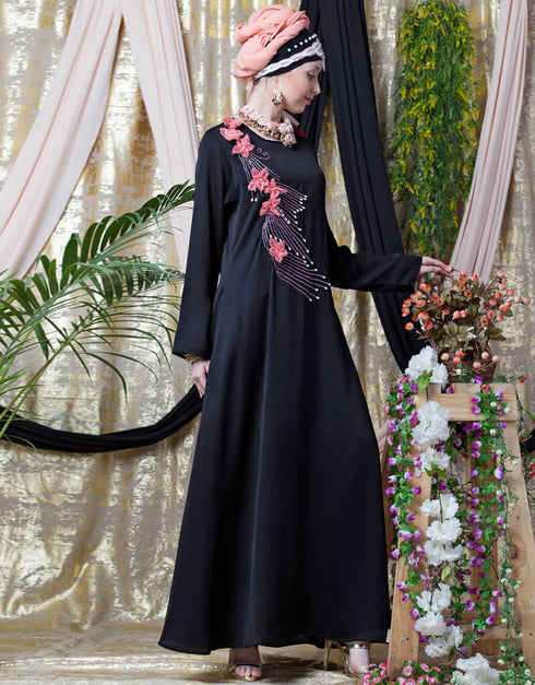 Modest applique flowers Hand work Party Nida Abaya Black