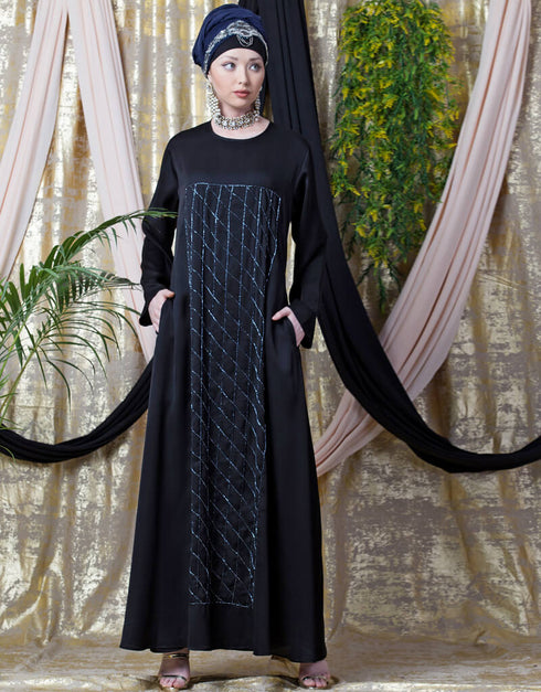 Arabic diamond motif hand embroidered Flare Nida Abaya Black