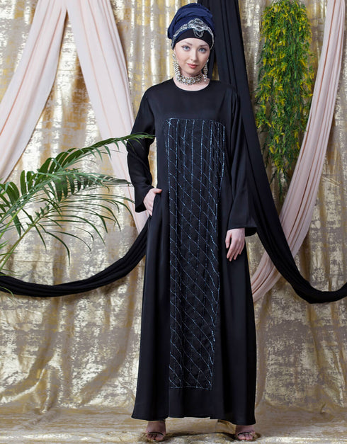 Arabic diamond motif hand embroidered Flare Nida Abaya Black