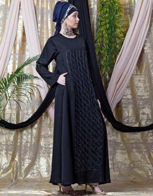 Arabic diamond motif hand embroidered Flare Nida Abaya Black