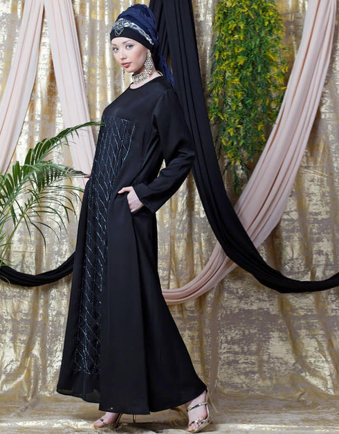 Arabic diamond motif hand embroidered Flare Nida Abaya Black