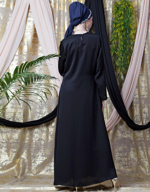 Arabic diamond motif hand embroidered Flare Nida Abaya Black