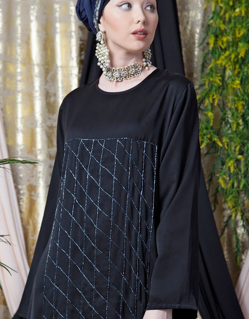 Arabic diamond motif hand embroidered Flare Nida Abaya Black